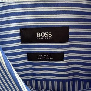 Hugo Boss Men's Blue and White Striped Dress Shirt